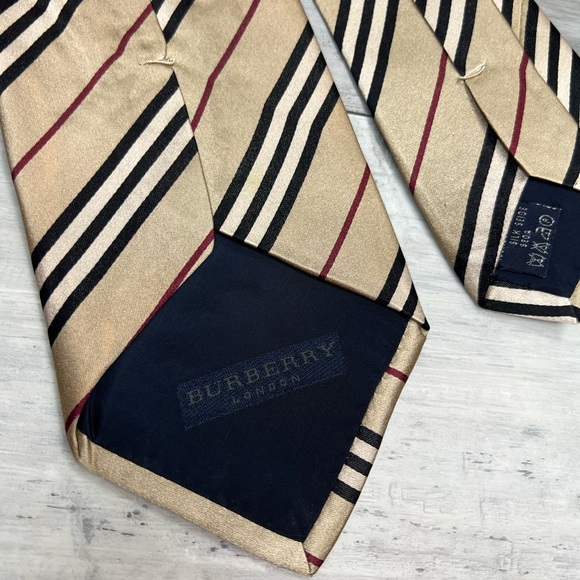 Burberry Tan w/ Black, Red & White Stripe Silk Tie - Picture 4 of 5
